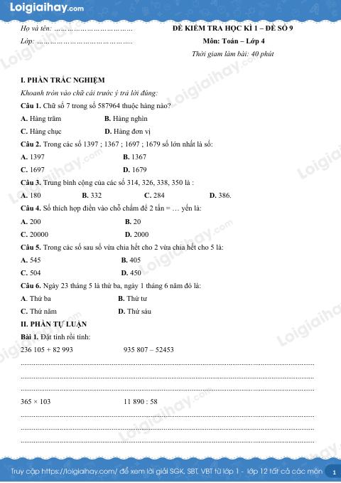 Đề số 9 - Đề kiểm tra học kì 1 - Toán lớp 4
